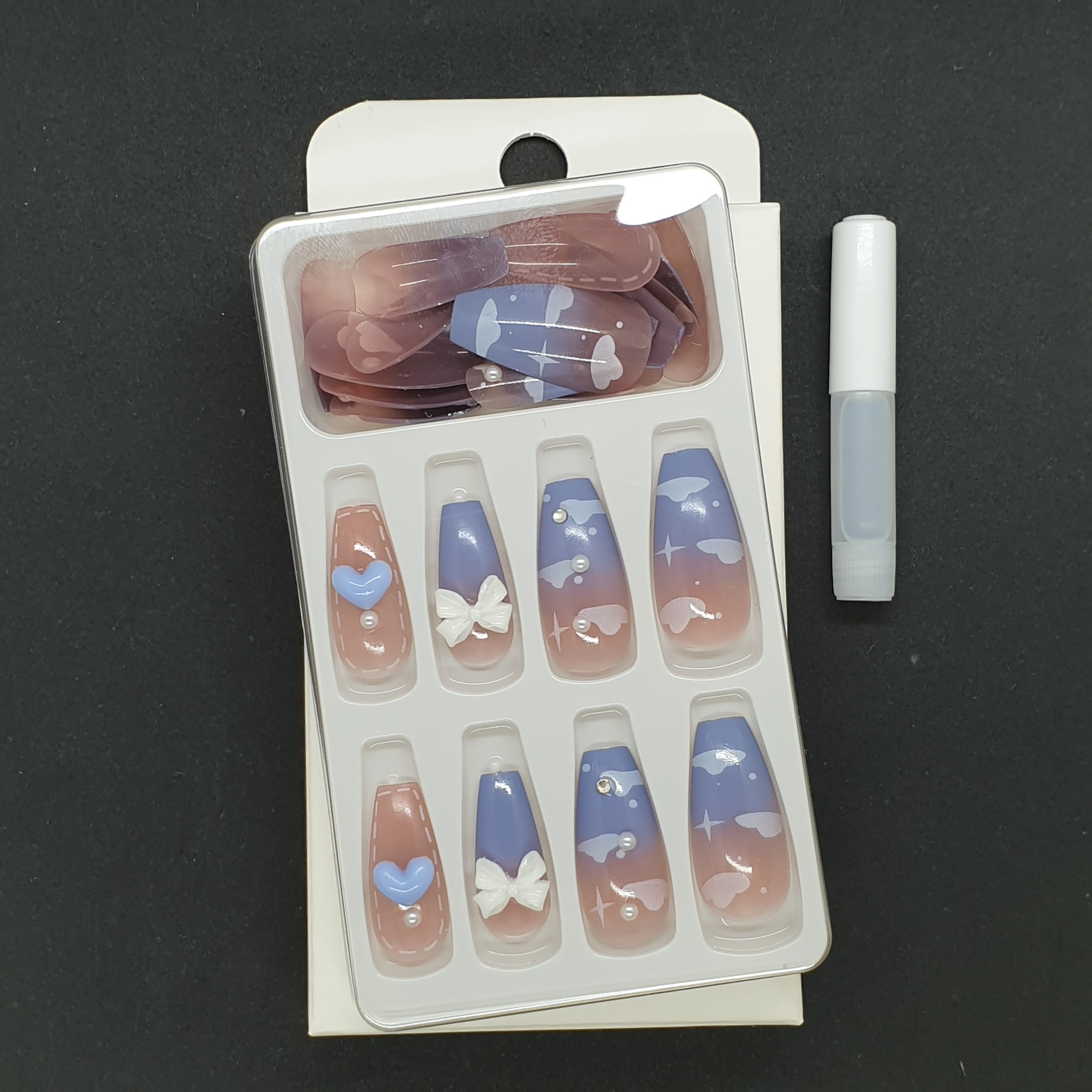 Bộ 24 móng tay giả đính đá họa tiết mây xanh  SẴN KEO DÁN