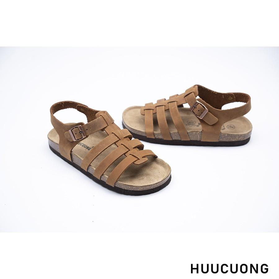 Sandal Unisex HuuCuong chiến binh da bò nâu đế trấu handmade