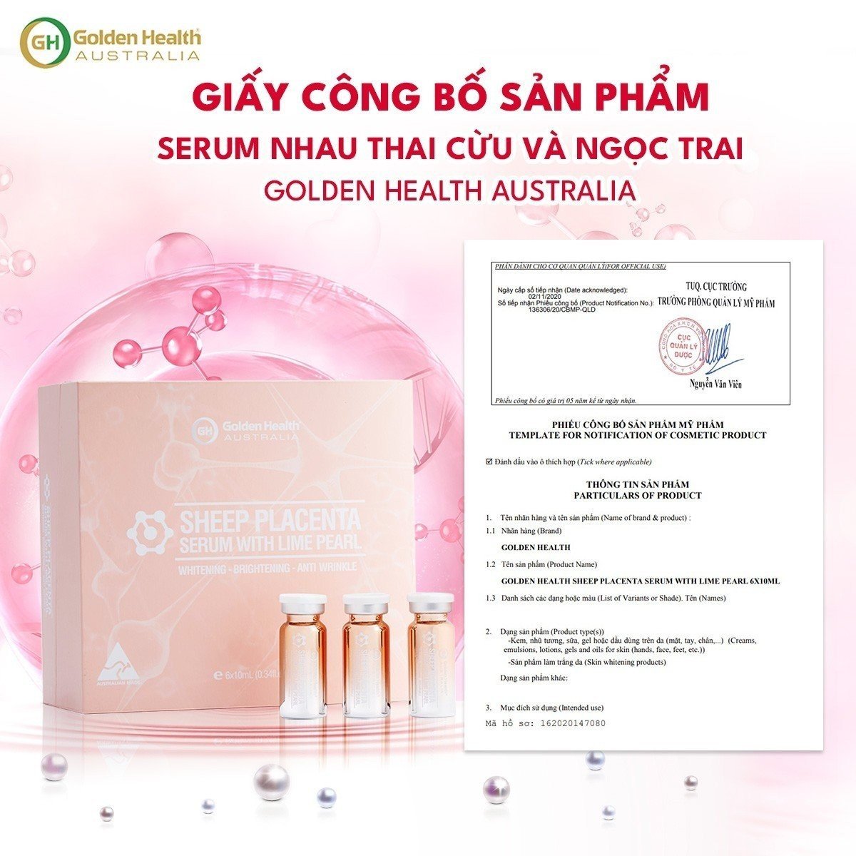 Tinh Chất Serum Nhau Thai Cừu Và Ngọc Trai Golden Health (6 Lọx10ml) Hỗ Trợ Làm Giảm Nám, Tàn Nhang, Chống Lão Hoá Và Trắng Sáng Hồng Hào