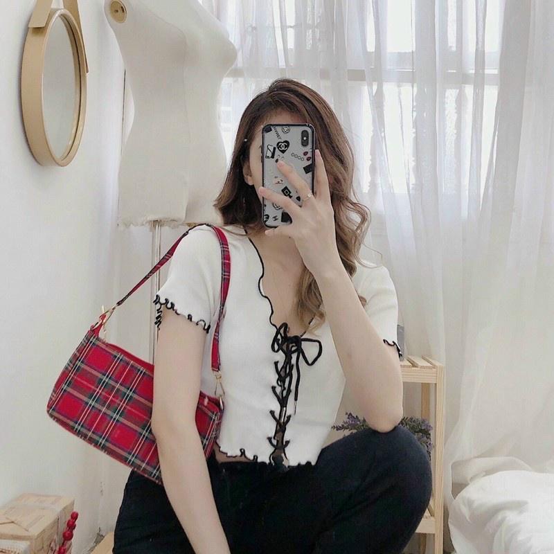 Áo croptop kiểu nữ tay ngắn phong cách Hàn quốc thiết kế đan dây trước ngực- AO081