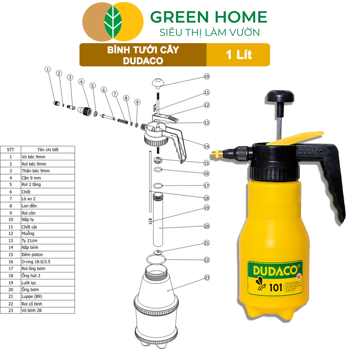 Bình Tưới Cây GreenHome, Dudaco, 1 Lít, Phun Xa 2 Chế Độ, Bơm Nhẹ Tay, Bình Tưới Cây Phun Sương, Bền