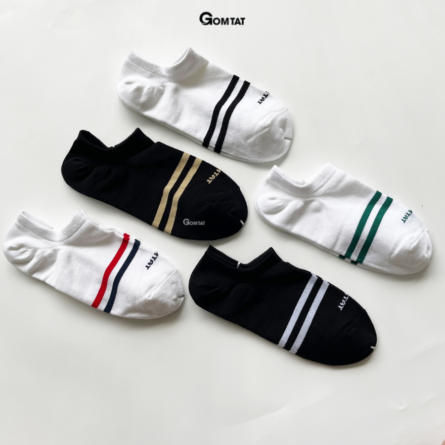 Combo 5 Đôi Tất Nam Nữ Cổ Ngắn Chất Liệu Cotton Cao Cấp, Vớ Cổ Thấp Unisex Họa Tiết 2 Sọc Ngang - GOM503-2SOC-CB5