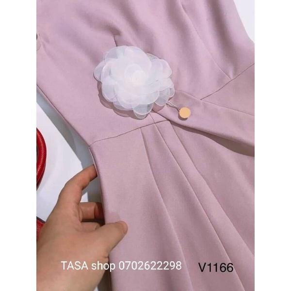 TBO-Đầm xoè kết hoa, váy hồng kiểu nữ tay cánh tiên đính bông eo xếp ly dự tiệc cổ tròn thời trang Tasa