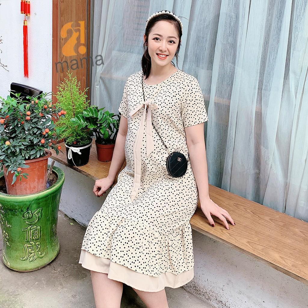 Đầm bầu dự tiệc 2MAMA thiết kế dáng suông đuôi cá họa tiết chấm bi V55
