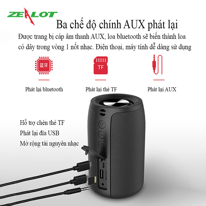 Loa bluetooth Zealot tặng kèm móc khóa chữ 5 Tech nghe nhạc không dây âm thanh siêu trầm hàng chính hãng kết nối ổn định, bluetooth 5.0 dùng cho điện thoại, laptop, PC