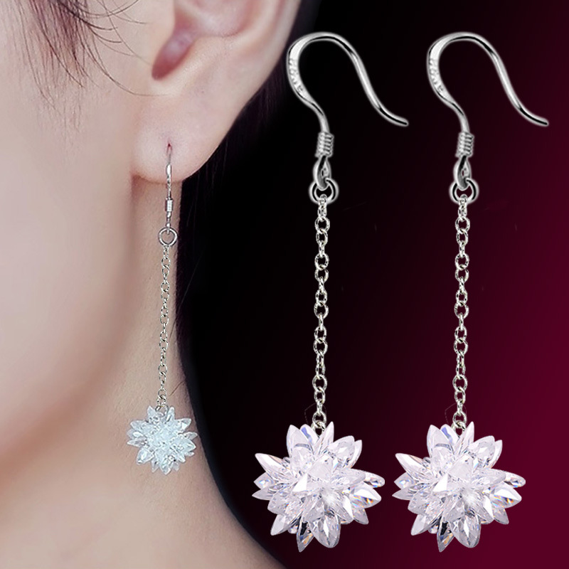 Bông tai nữ móc câu hoa tuyết pha lê dáng dài