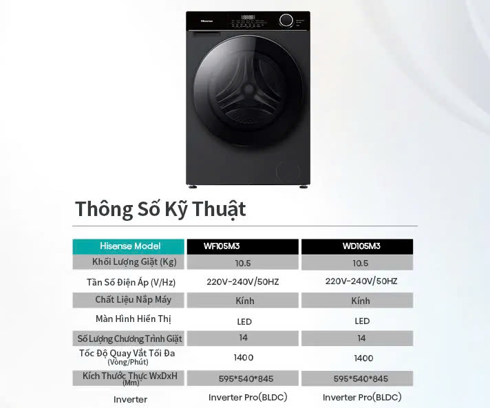 Máy giặt sấy Hisense Inverter Pro 10.5kg WD105M3 giặt thông minh AI, điều khiển từ xa, bảo hành 3 năm - HÀNG CHÍNH HÃNG