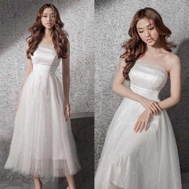 Đầm dự tiệc xoè cúp ngực lưới nhũ đính hạt kèm ảnh thật TKN