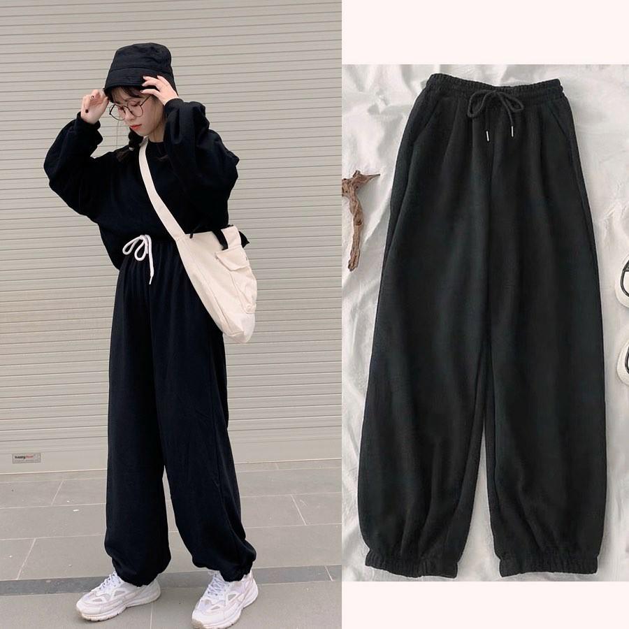 Quần ống rộng dáng jogger nữ trơn bo gấu chất da cá