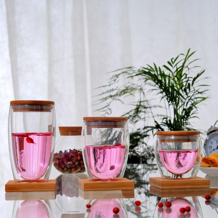 Ly thủy tinh 2 lớp 450ml chịu nhiệt có nắp gỗ - Home and Garden