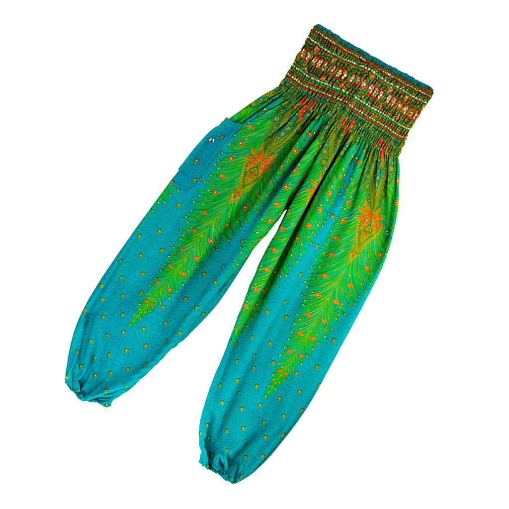 Women Fashion Colorful Peacock Shaped Casual Loose High Waist Long Yoga Pants with Pockets
