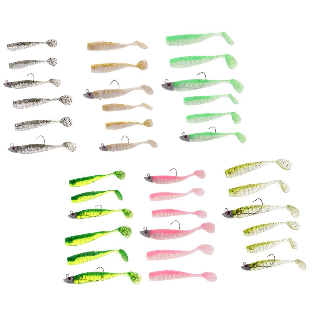 6pcs Shad Fishing Lure Soft Plastic Fish Bait Jig Head Swimbait Grub Worm