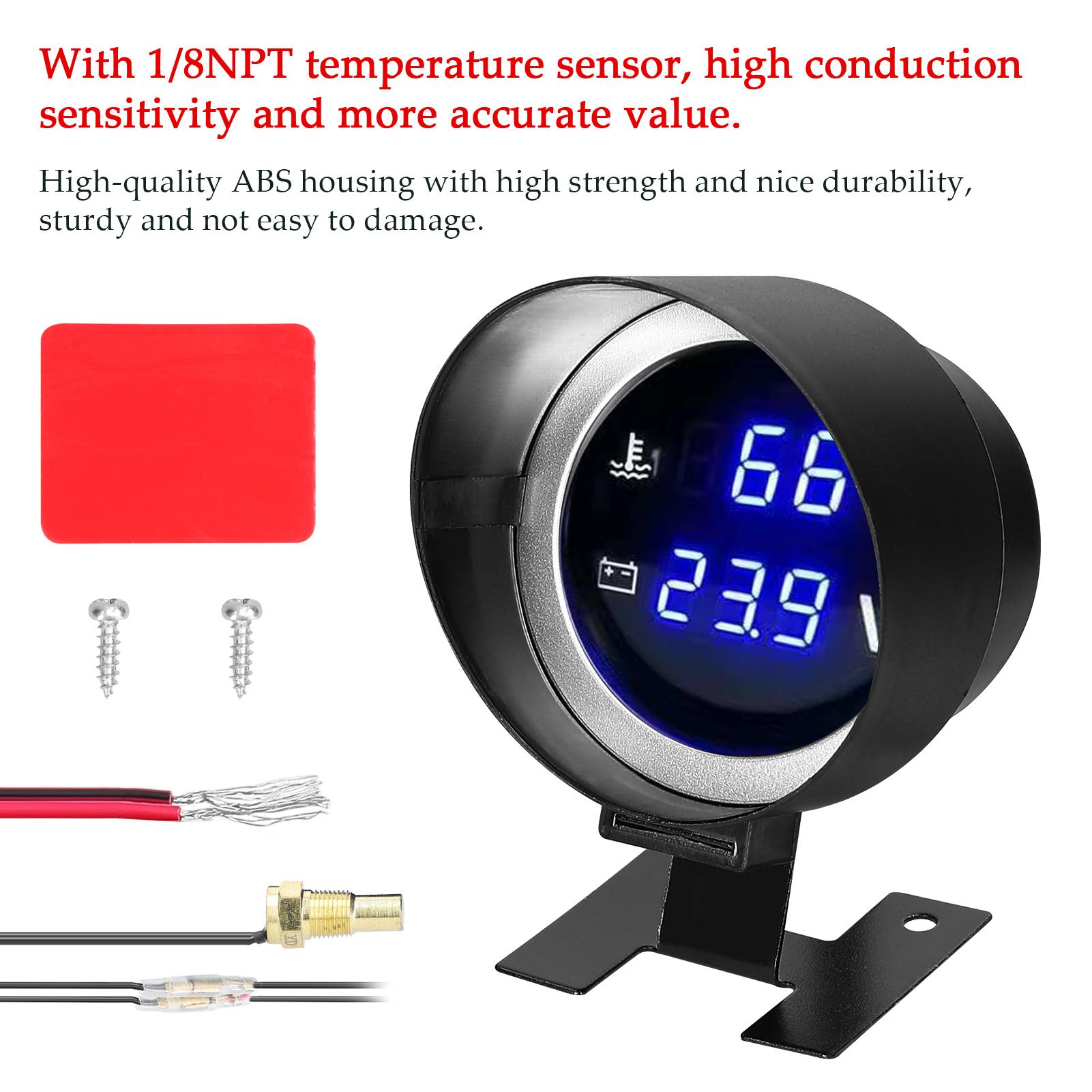 2 in 1 Universal Car Digital Gauge Water Temperature Voltage Gauge Voltmeter 9-36V with 1/8NPT Sensor for Car Truck SUV RV