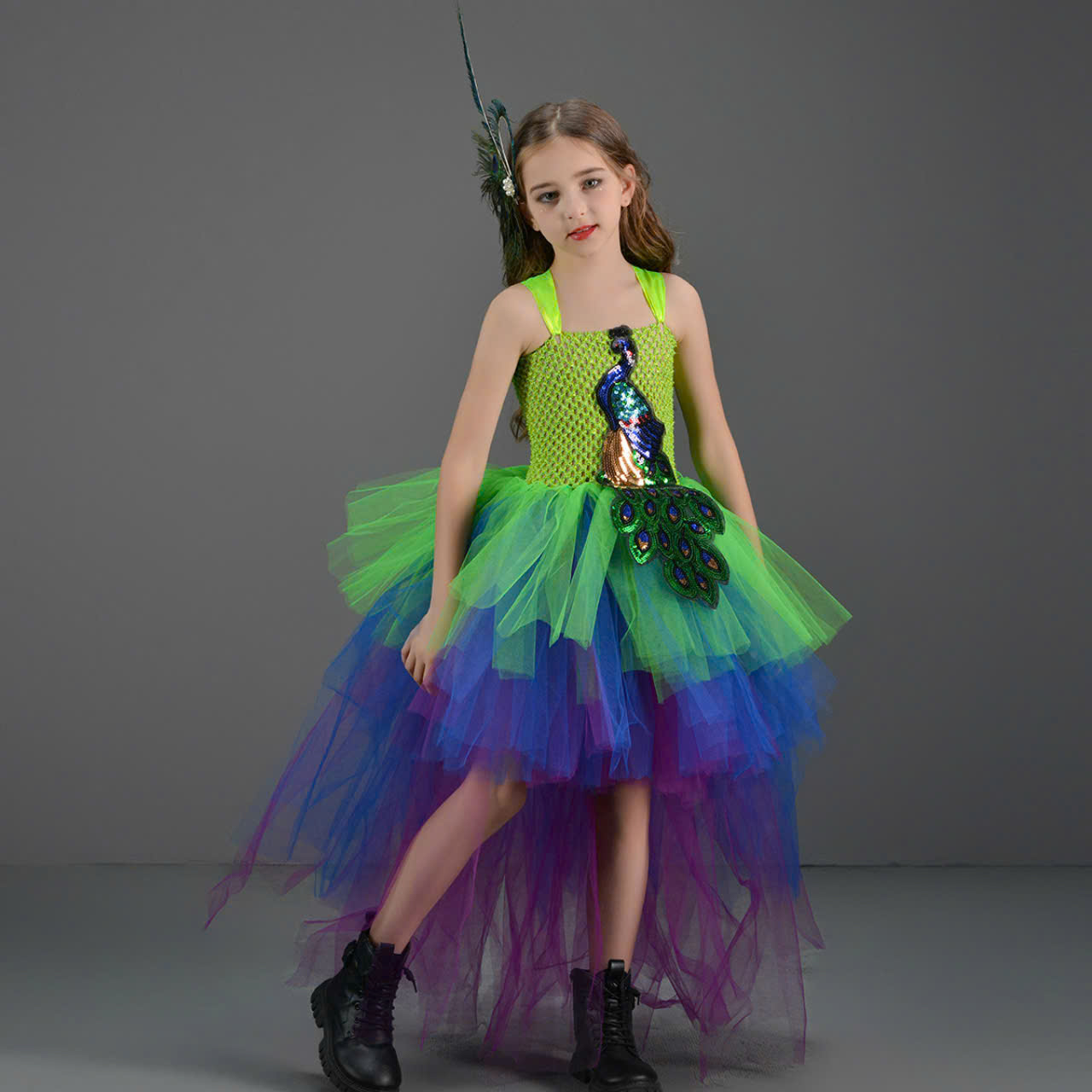 Đầm công chúa cho bé gái hóa trang cosplay halloween mẫu chim công hàng nhập Quảng châu (kèm kẹp tóc)