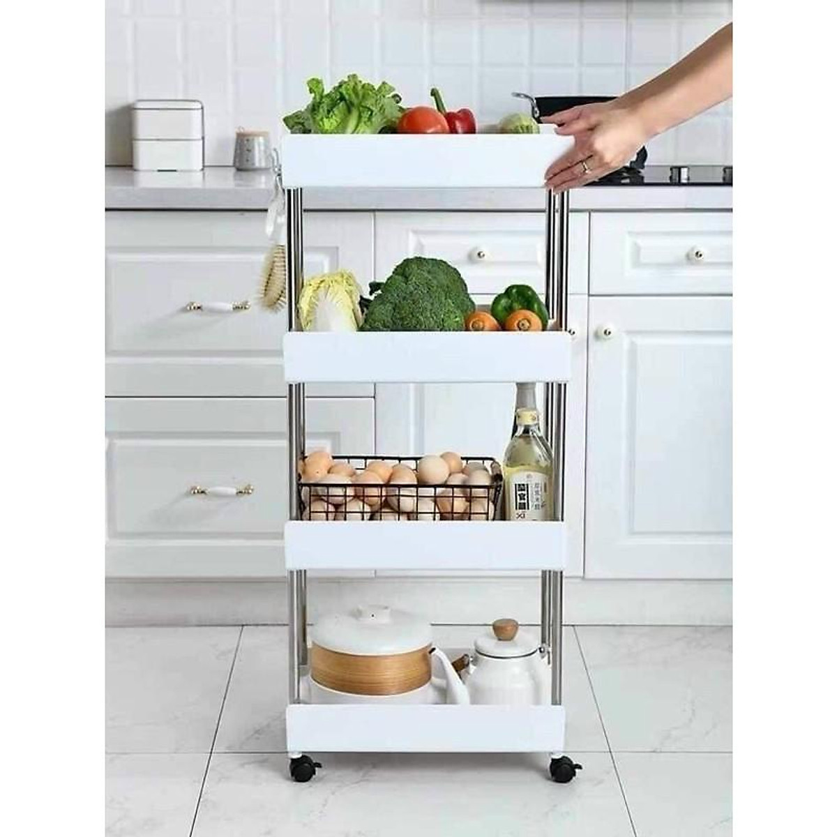 Kệ Để Đựng Đồ Đa Năng 4 Tầng - Thanh Inox - Giá Nhựa có lỗ Cao cấp màu trắng - Hàng Loại 1 - Chính Hãng MINIIN