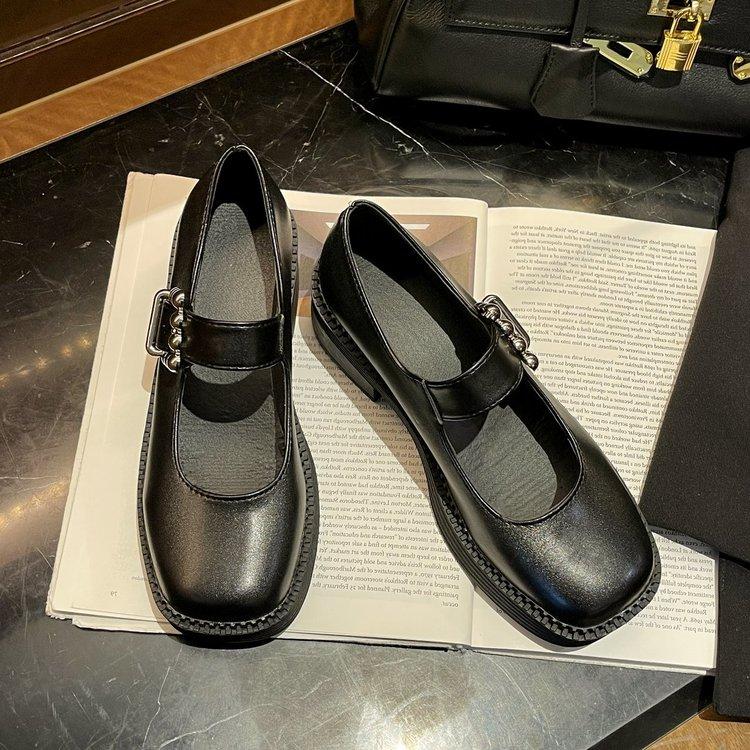 Giày Búp Bê Gót Cao Mũi Tròn Màu Trơn Phối Khóa Xinh Xắn Thời Trang Cho Phụ Nữ