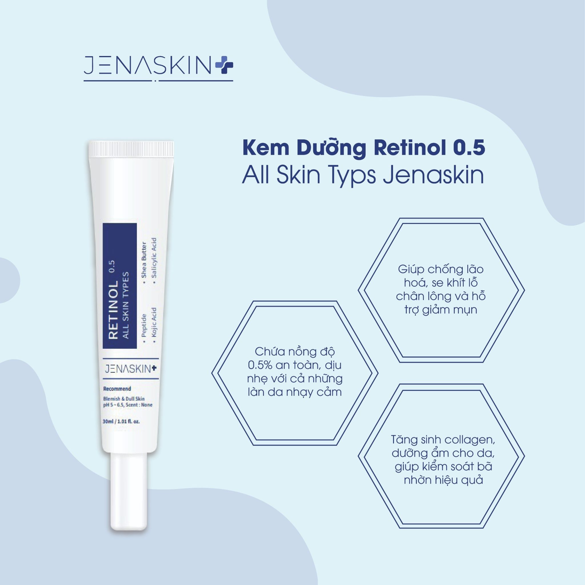 Kem retinol Jenaskin, kem dưỡng căng bóng, trẻ hóa, trắng da mờ thâm nám retinol 0.5% All Skin Types 30ml