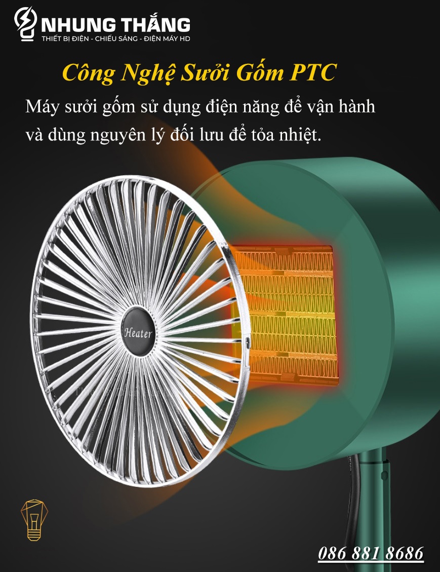 Máy Sưởi Để Bàn TN036, Quạt Sưởi Mini - Công Nghệ Sưởi Gốm PTC Ceramic-Làm Nóng Nhanh - Tích Hợp Tản Gió -Tiết Kiệm Điện - Có Video