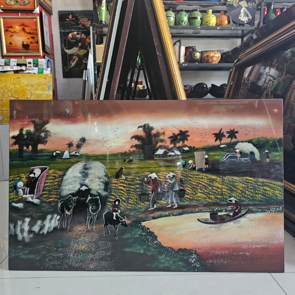 Tranh sơn mài đồng quê, chợ quê, phố cổ vẽ màu kết hợp cẩn ốc, vỏ trứng đẹp, hàng xuất khẩu 50x80 cm