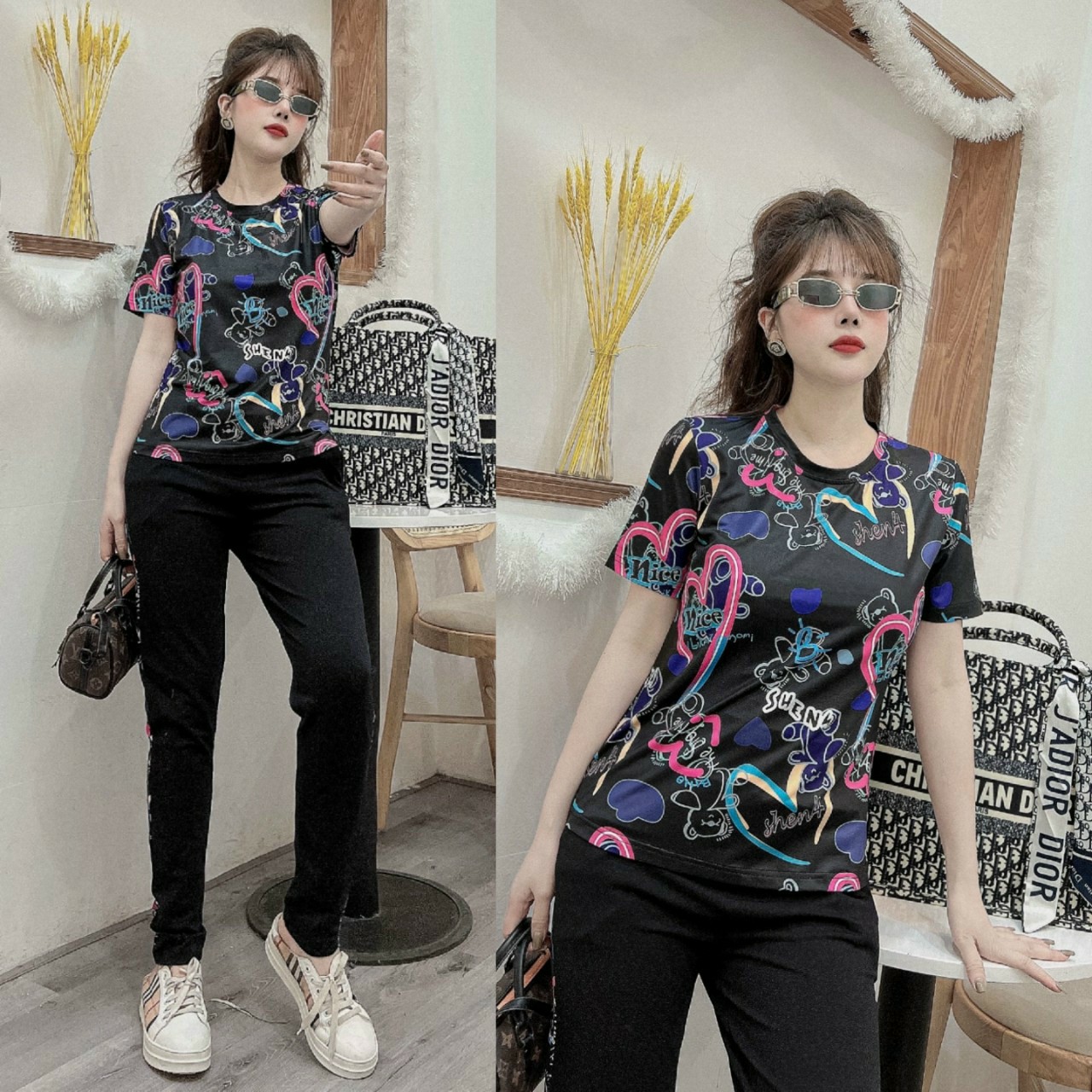 Bộ thun cotton lạnh họa tiết in 3D Tim kí tự