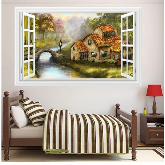 Decal trang trí khung cửa sổ 3D cảnh Nhà Cổ cạnh dòng Sông yên bình