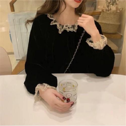 Áo nhung thu đông dài tay cổ tròn phối ren tay cổ dễ thương - AN02