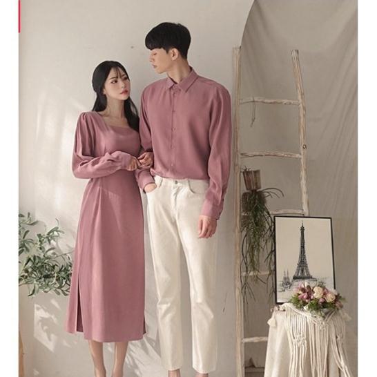 Áo đôi nam nữ - Set áo váy sơ mi thời trang Hàn Quốc dáng dài cổ vuông buộc eo màu be -HQCOUPLE- AV73 (có ảnh thật)