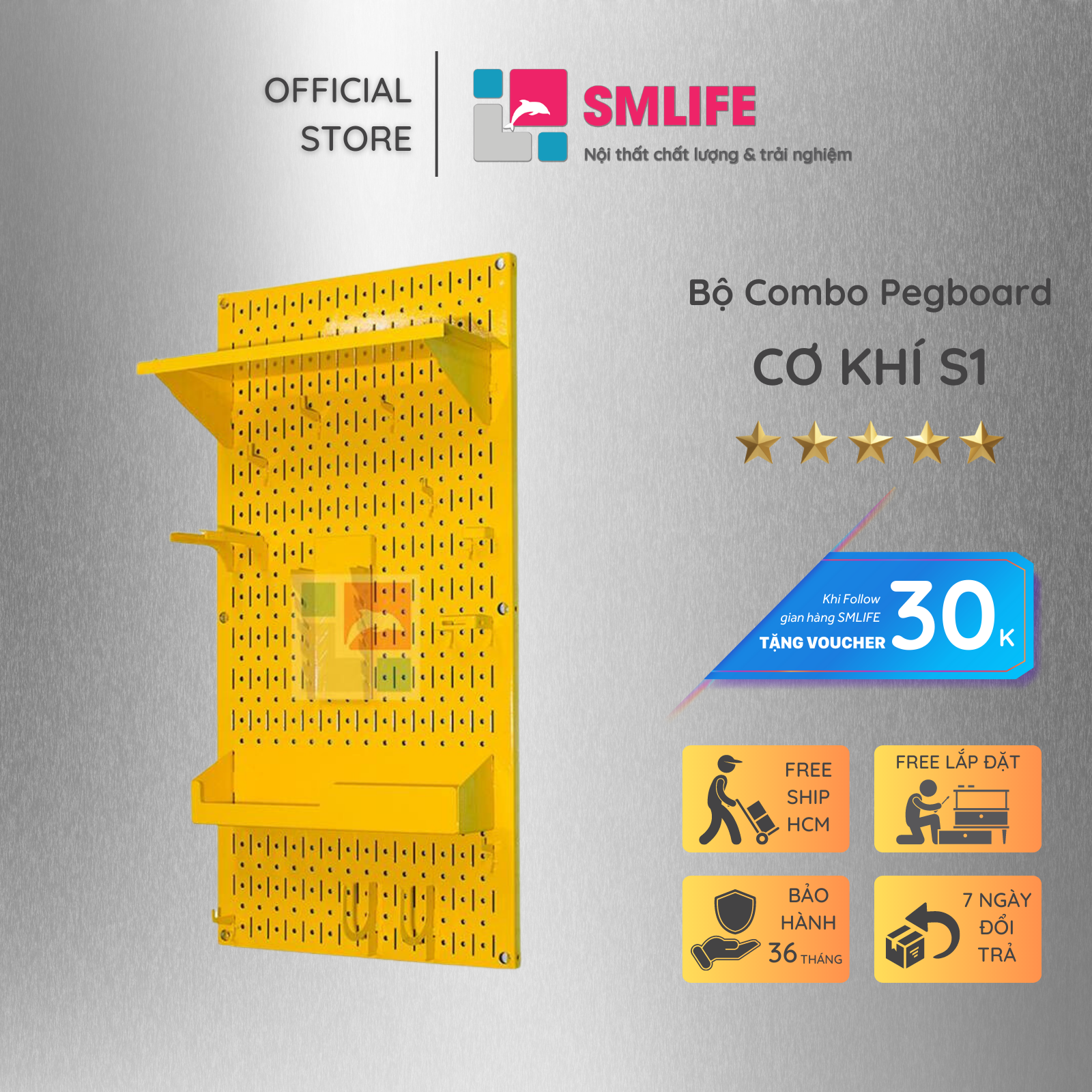 Bảng Treo Đồ Nghề Pegboard Cơ Khí SMLIFE S1 Yellow - Lưu Trữ Trưng Bày Dụng Cụ Sửa Chữa Thông Minh Dễ Tìm Kiếm