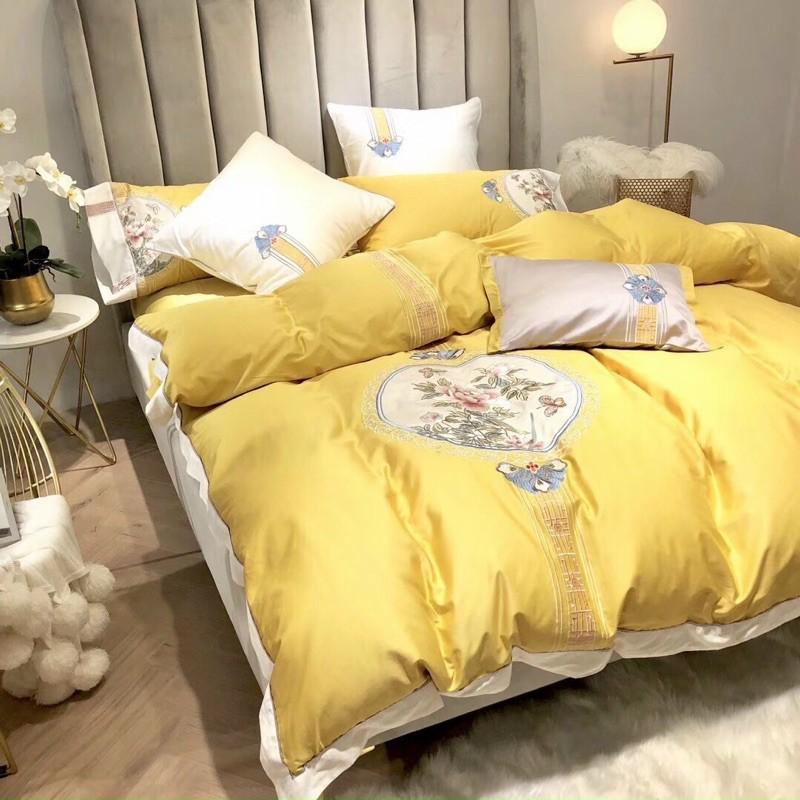 Bộ Chăn Ga Gối Lụa Tencel 60s Thêu -Hàng Nhập Khẩu Cao Cấp 5 Món Hoạ Tiết Độc Đáo