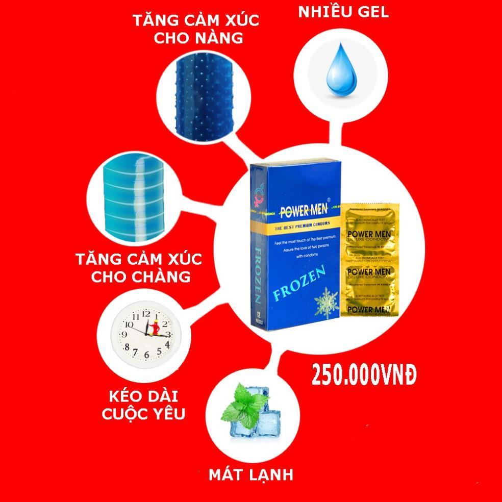 Bao cao su POWER MEN FROZEN gân gai tăng khoái cảm hương bạc hà mát lạnh 9% Benzocain siêu kéo dài thời gian hộp 12 cái