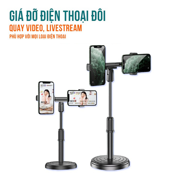 Giá Đỡ 2 Điện Thoại Livestream DK-098 Đế tròn Để Bàn