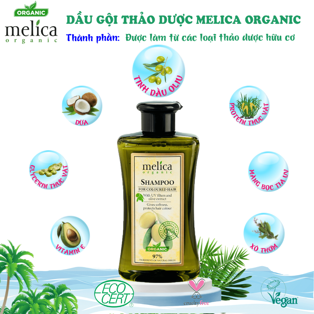 Dầu gội thảo dược hữu cơ dùng cho tóc nhuộm, xơ rối, chẻ ngọn, nhiều gàu Melica Organic 300ml Olive &amp; màng lọc UV