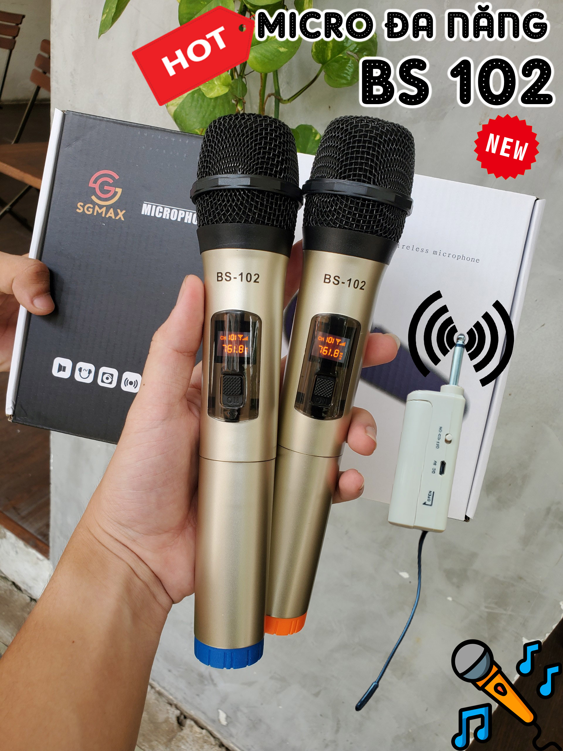 Micro karaoke SGMAX 102, Mẫu Mới 2 Mic Không Dây