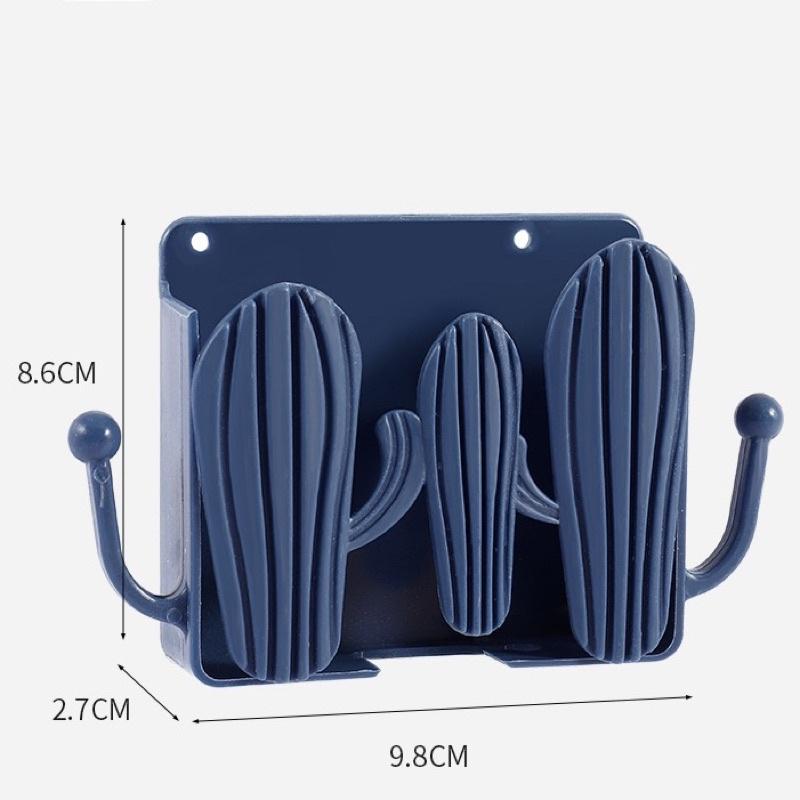 Kệ đựng điện thoại, điều khiển remote dán tường hình 3 cây xương rồng có lỗ cắm sạc và có 2 móc treo phụ kiện tiện lợi
