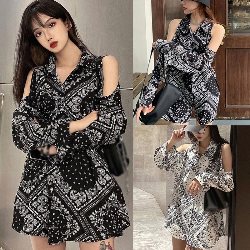 NEW Áo Sơ Mi Nữ Tay Dài Trễ Vai In Họa Tiết Thời Trang