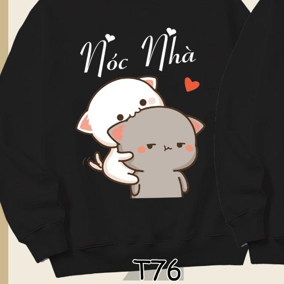Áo Sweater cặp đôi Mèo mochii nóc nhà, cột nhà dễ thương Mr.Buffalo - T77 - Trắng