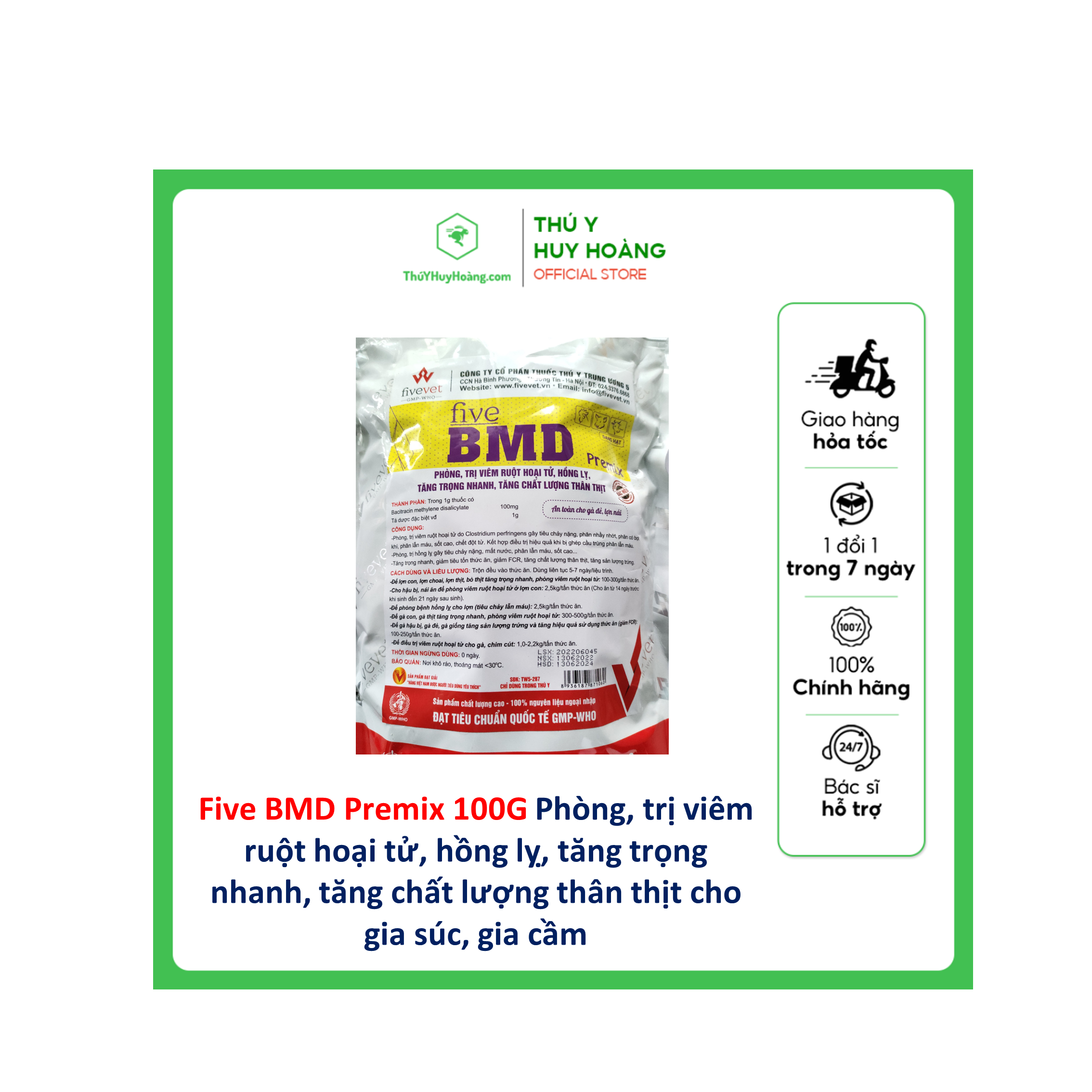 Five BMD Premix phòng t.rị bệnh viêm ruột hoại tử, hồng lị, tăng trọng nhanh, tăng chất lượng thịt