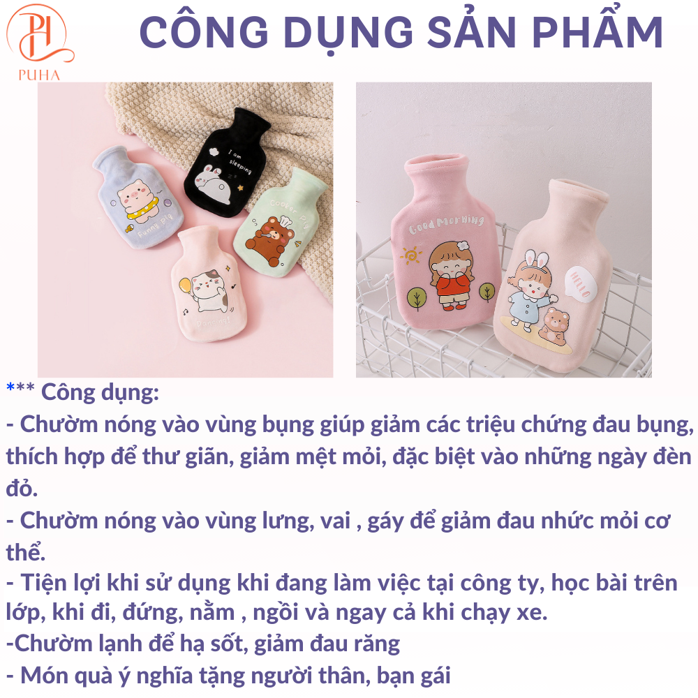 Túi chườm nóng PUHA 350ml, túi chườm ấm giữ nhiệt sưởi nóng giảm đau bụng cho bạn nữ