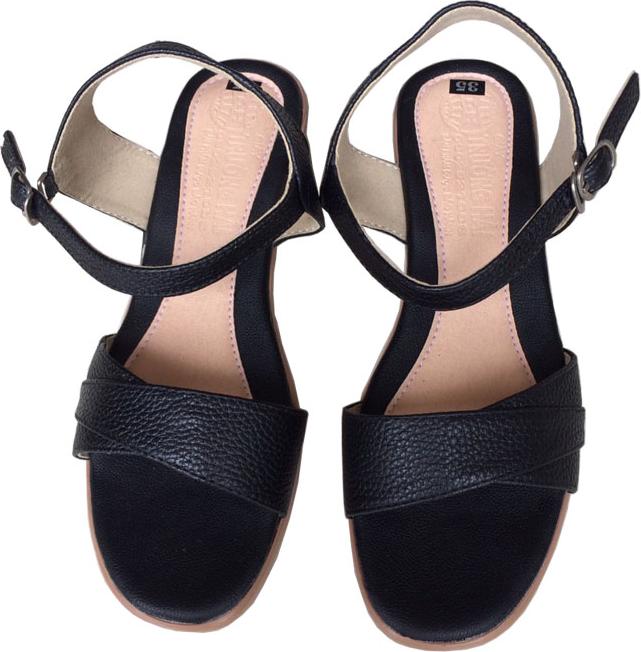Giày xăng đan nữ quai ngang Trường Hải da bò thật màu đen gót vuông đế PU siêu nhe cao 5cm màu đen SDN0741