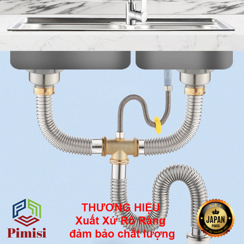 Xi Phông Chậu Rửa Bát 2 Hố Pimisi PXP-31-2 Inox Cao Cấp Kiểu Chun Uốn - Kim Loại Bẻ Cong Được, Thoát Nước Nhanh, Dùng Để Xả Thải Nước Bồn Rửa Chén 2 Hộc Thu 110 Inox 304, Chống Mùi Hôi Và Côn Trùng Gián, Chuột Cắn Phá - Có Đầu Thoát Tràn | Hàng Chính Hãng