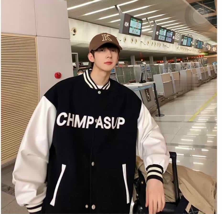 Áo Dù Bomber Unisex 2 Lớp Nút Bấm Chữ CHMP ASUP - Frếhip Rẻ Đẹp - Khoác Gió Nam Nữ Mặc Chống Nắng , Lạnh