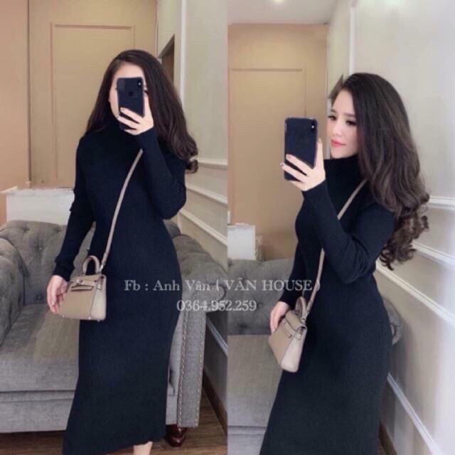 Váy body nữ cổ lọ chất len tăm xinh xắn