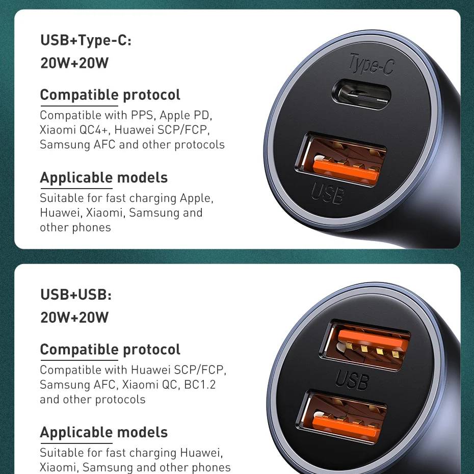 Tẩu củ sạc nhanh 40W cổng PD type c và USB hiệu Baseus Goldern Contactor  Pro đa năng cho xe hơi / xe ô tô trang bị LED đổi màu, Quick Charge 3.0 / Quick Chagre 4.0, PD 3.0, smartchip BPS 2.0 - Hàng nhập khẩu