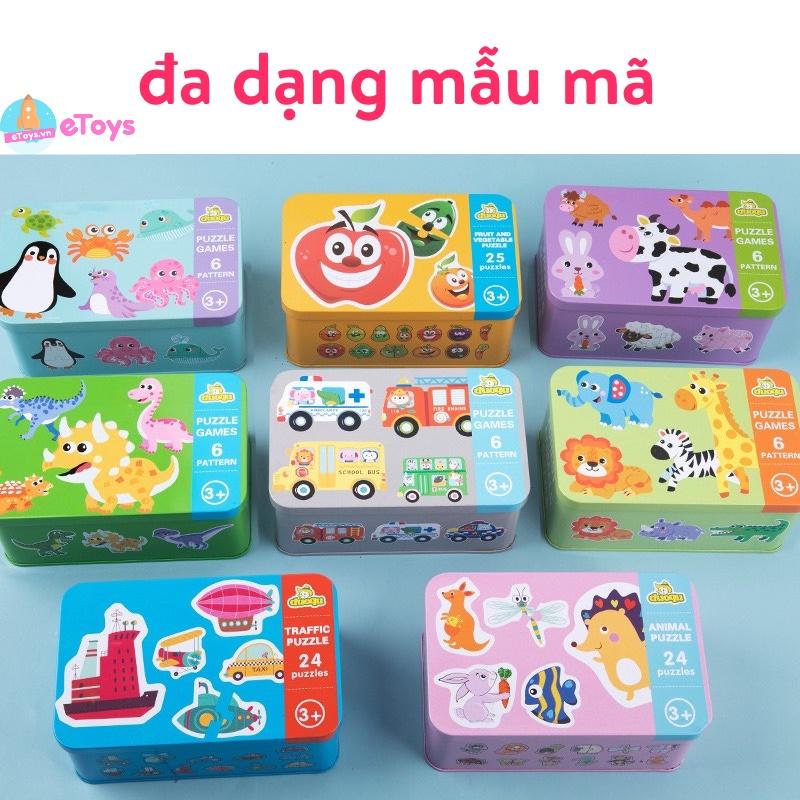 Đồ chơi xếp hình puzzle ghép hình 3-6 mảnh to hộp thiếc đẹp cho bé tập ghép