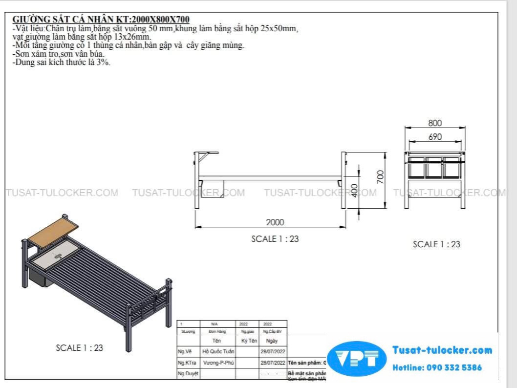 Gường Sắt Quân Đội 1 Tầng VPT QĐ-02