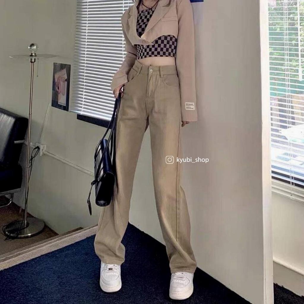 Quần jean kaki nữ ống suông ulzzang lưng cao màu nâu tây (có bigsize) - Quần jeans ống rộng 2 nút Kyubi NT2