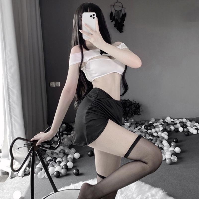 LL2470 Áo Trễ Ngang Vai + Váy Bo Nhún Vạt Cao Gợi Cảm - Hoá Thân Thành Nàng Thư Kí Quyến Rũ - Cosplay Sexy