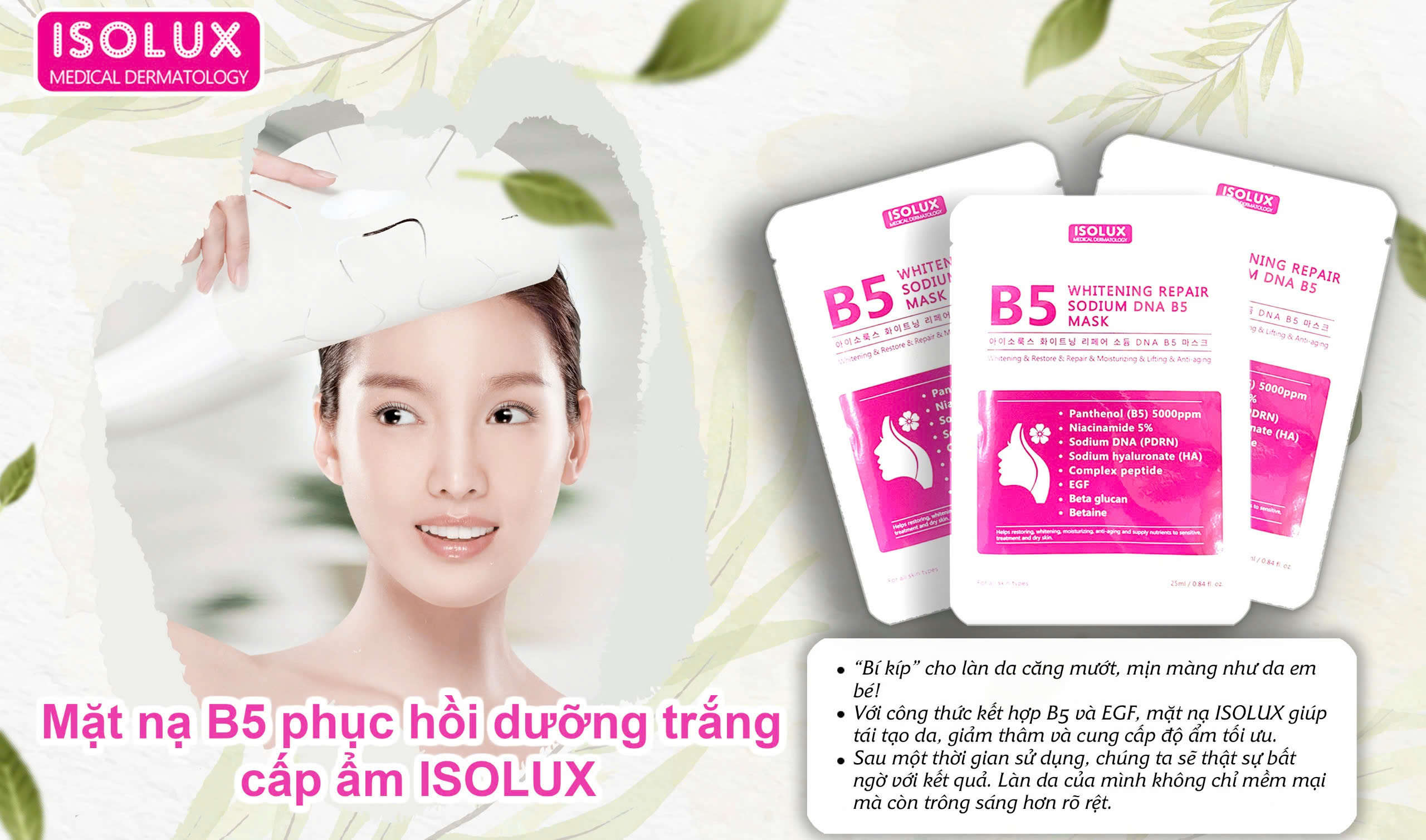 Mặt nạ ISOLUX Whitening repair sodium DNA B5 mask Hàn Quốc 25ml hạn 2027 - dưỡng trắng cấp ẩm phục hồi da