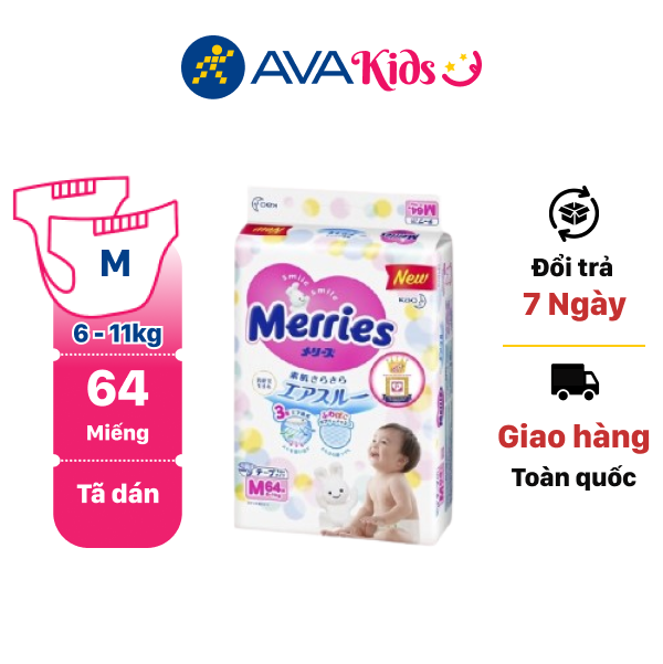 Tã dán Merries size M 64 miếng (cho bé 6 - 11kg)