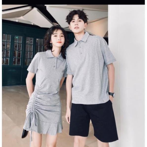 Áo đôi: Váy rút nếp một bên nữ phong cách vs áo polo nam